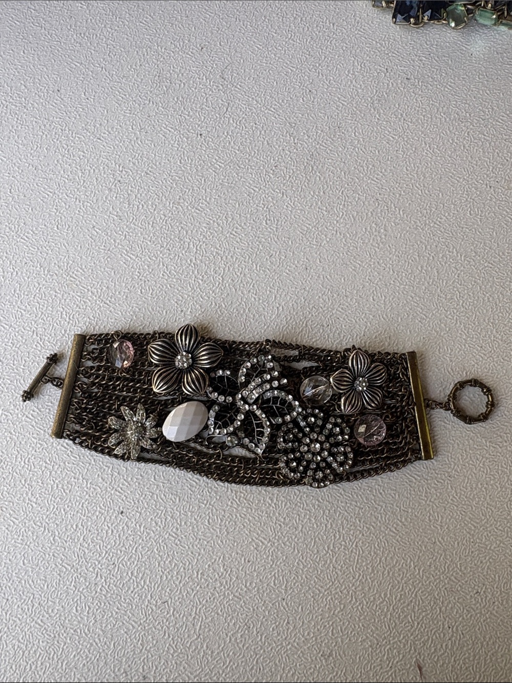 Antique Silver Floral Crystal Multi-Chain Bracelet - Silver